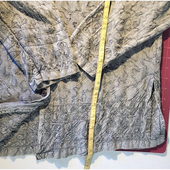 Boho Minimalist Gray Embroidered Button Down Top | Artsy Textured Long Sleeve M - Picture 13 of 16